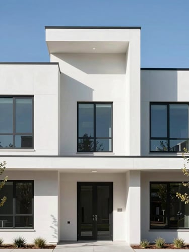 Bright architectural photography of a modern residential development facade in Utah, clean modern structures under crisp daylight with sharp geometric shadows.