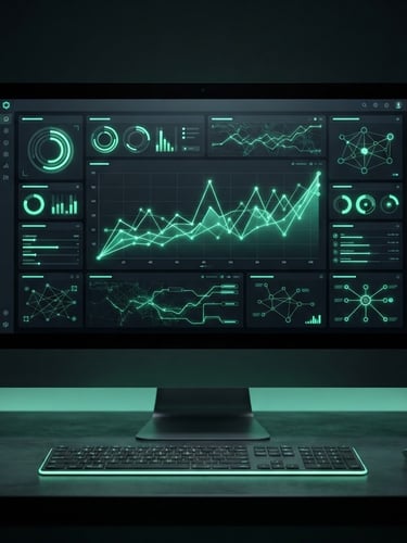Sleek dark-mode 3d render of a web dashboard interface on a desktop screen, glowing neon green active status lines, cyber-minimalist aesthetic, high-contrast UI elements, sharp focus