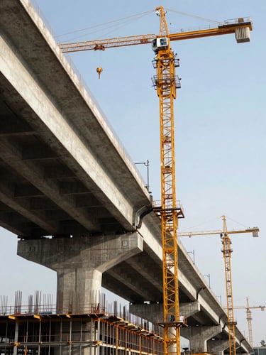 Low-angle shot looking up along a steel-and-concrete highway overpass under construction, heavy formwork and rebar visible in the foreground, tower crane arm crossing the upper frame, natural daylight casting hard shadows that reveal structural mass and engineering precision