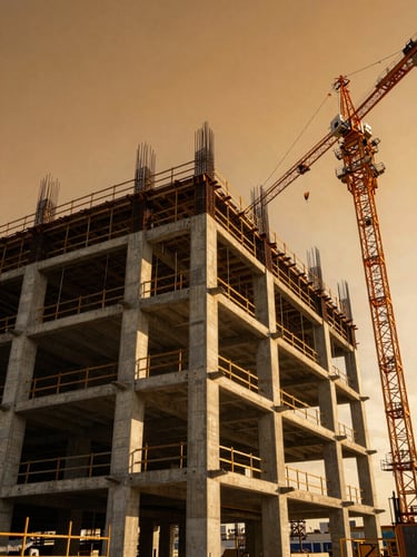 Wide-angle low shot of a massive reinforced concrete structure under construction at golden hour, steel rebar lattice rising against a deep amber sky, heavy cranes positioned at the right edge, no workers visible, photographed to emphasize structural mass and engineering scale