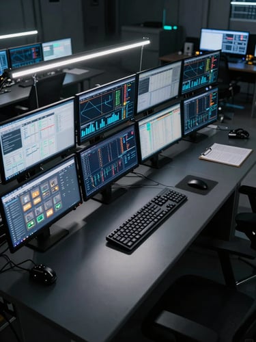 Wide-angle overhead view of a control-room workstation, multiple monitors displaying live analytics dashboards and data-flow visualizations, cool fluorescent studio lighting casting sharp shadows across the hardware, no people visible, matte-black desk surface, electric-blue and amber indicator lights on screen