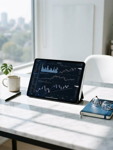 Bright high-key editorial photo of a modern organized workspace, sunlight casting clean geometric shadows on a marble desk with a tablet displaying clean financial charts, 35mm