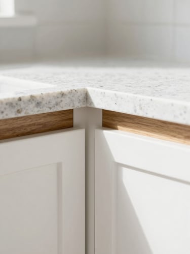 Close-up macro architectural photography of a flawless joint between polished quartz countertop and precision-milled white oak cabinetry, bright natural daylight
