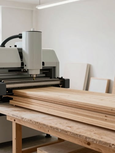 Bright daylight-filled architectural workshop environment, clean modern milling machinery, warm wood planks stacked neatly, sharp focus, 35mm
