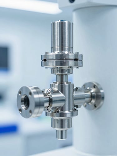 Sharp macro detail of a high-tech stainless steel bioreactor valve in a cleanroom, sterile white and cool blue lighting, high precision