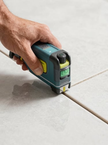 Close-up shot of a craftsman using a professional laser level on large-format porcelain tile, showcasing razor-sharp mitered edges and perfect alignment, bright clean South Florida daylight.