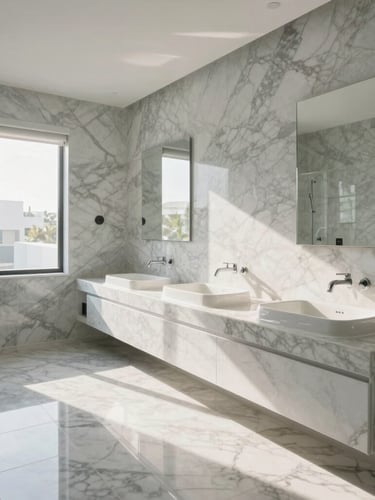 Wide-angle architectural shot of a bright South Florida master bathroom with bookmatched marble slabs perfectly aligned along the wall, crisp morning daylight reflecting off the polished surface.