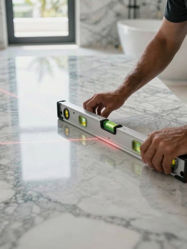 Close-up of a craftsman using a laser level to align a large-format bookmatched marble slab in a master bathroom, bright South Florida daylight reflecting off the polished surface.