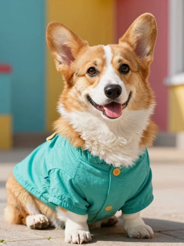 A happy corgi wearing a vibrant teal handmade cotton shirt, sitting comfortably on a sunny patio, warm natural daylight, colorful playful background, shallow depth of field.