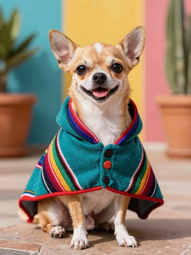 A happy small chihuahua wearing a colorful handmade Mexican teal poncho, sitting proudly on a sunny patio, eye-level vibrant pet photography.