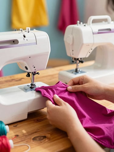 A cozy Mexican family workshop with colorful fabrics, sewing machines, and a warm-toned wooden table where hands are carefully stitching a small magenta pet garment, golden hour natural light