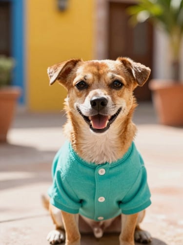 Close-up of a happy small dog wearing a colorful handmade teal shirt, sitting in a warm sunlit patio in Mexico, 35mm lens, shallow depth of field