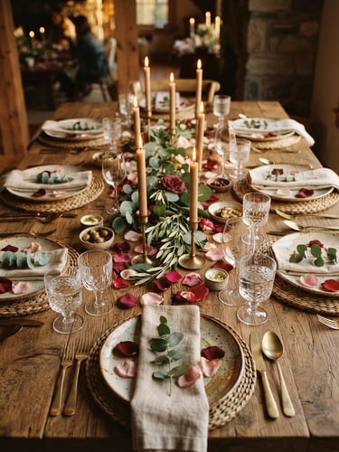 Close-up overhead shot of a rustic wooden table set for eight, warm candle glow illuminating ceramic plates, linen napkins, and loose rose petals, 35mm film look