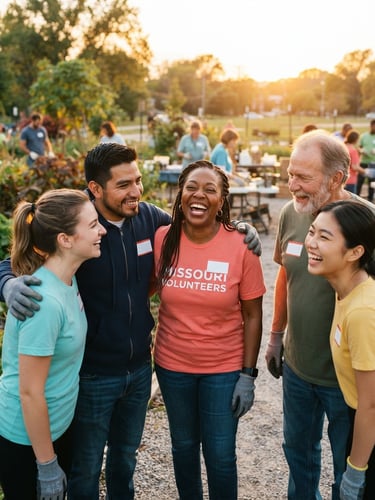 Bright, warm community photography of a diverse group of Missouri volunteers laughing together outdoor, golden hour light, candid editorial.