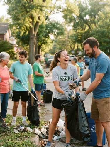 Vibrant, candid photo of local volunteers collaborating on an outdoor neighborhood cleanup in Springfield, Missouri. Bright daylight, warm golden hour tones, friendly community focus.