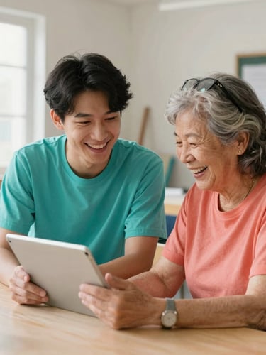 A warm, daylight-filled workshop where a young professional and an older adult laugh together over a tablet screen, candid editorial style, 35mm lens