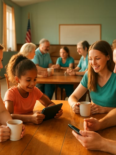 Wide candid shot of a sunny Missouri community hall with families and volunteers sitting around a wooden table, sharing coffee, talking, and practicing on digital devices, warm golden hour light, warm community photography, bright natural daylight, candid editorial, 35mm lens.