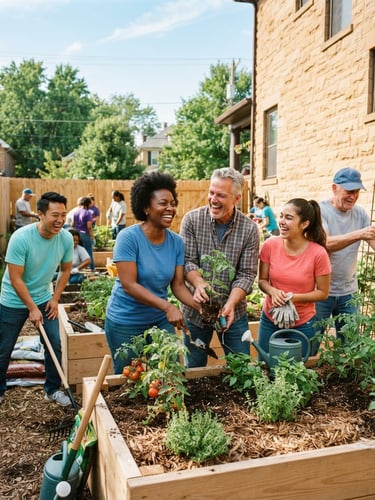 Bright natural daylight photo of diverse Missouri volunteers laughing and collaborating on a neighborhood project outdoor, warm sandstone tones, candid editorial, 35mm lens