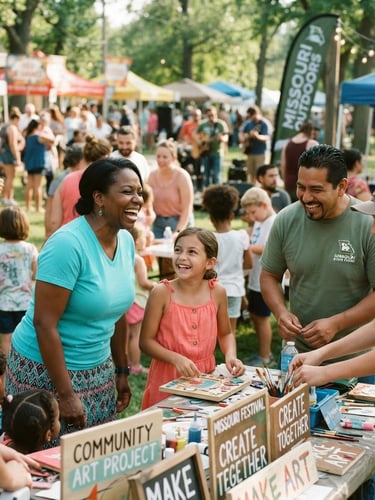 Bright candid photograph of a Missouri outdoor community festival, diverse groups laughing and collaborating under warm natural daylight, 35mm lens.