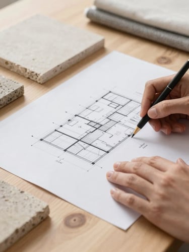 Close-up of a designer's hands reviewing architectural plans on a natural wood table, with samples of stone and textile, crisp architectural photography, bright natural daylight, neutral earth tones, 35mm lens, deep depth of field.