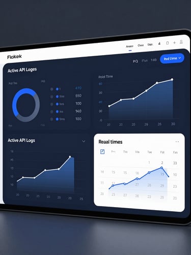 Sleek UI dashboard visualization showing active API logs, real-time calendar synchronization graphs, cool corporate studio lighting, deep navy and slate tones.
