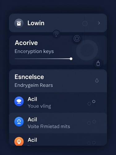 A high-fidelity UI dashboard showing secure encryption keys, active voice streams, and compliance status indicators in deep navy and slate tones.