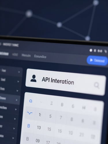 Macro shot of a clean software dashboard interface showing calendar API integration keys and real-time network node connections, cool corporate studio lighting, deep navy tones