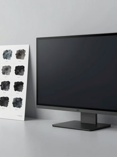 A crisp, un-rendered digital brand mockup displayed on a modern flat screen beside physical ink swatches, cool overcast studio lighting, right-aligned composition.