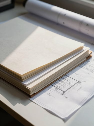 Cool diffused Pacific Northwest daylight highlighting a macro view of heavy textured paper stocks and architectural blueprints on a clean white drafting table, portrait orientation.