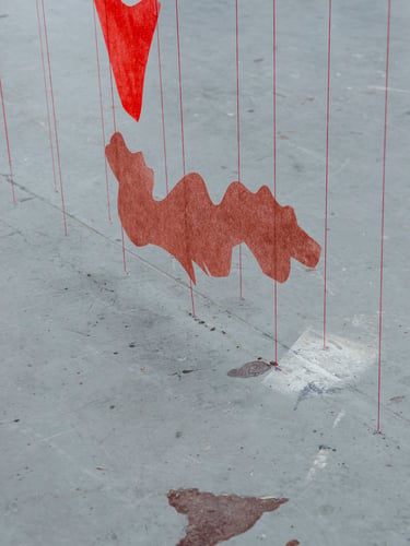 Installation aus gefärbten Glasfaserformen auf roten Fäden im Kunstraum Colo’art in Strasbourg