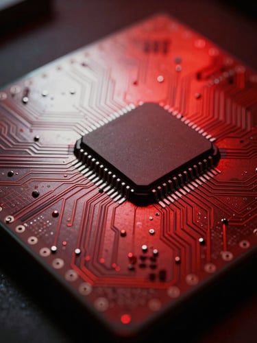 High-contrast editorial close-up of a silicon wafer microchip under sharp directional crimson and white light, dramatic chiaroscuro shadows casting across the intricate geometric circuitry, 35mm film grain, stark and authoritative atmosphere.