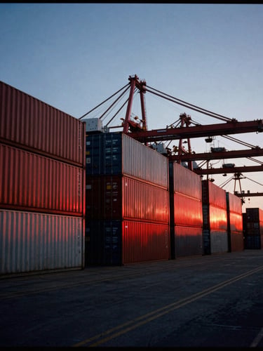 Wide environmental shot of a dramatic industrial shipping hub at dusk, high-contrast chiaroscuro, deep shadows with crimson light reflections on steel containers, 35mm film grain