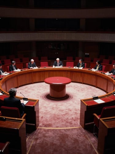 Dramatic high-contrast photo of a circular diplomatic assembly hall, sharp directional light cutting through shadows, crimson accents on the seating, 35mm film grain
