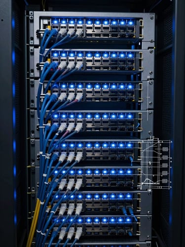 Close-up of a highly organized server rack with glowing blue LED status indicators, structured ethernet cabling in perfect symmetry, technical blueprint overlay, dramatic low-key lighting.