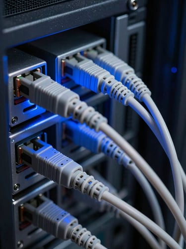 Macro close-up of structured fiber optic cabling in a server rack, illuminated by sharp blue LED light, technical precision, low-key lighting