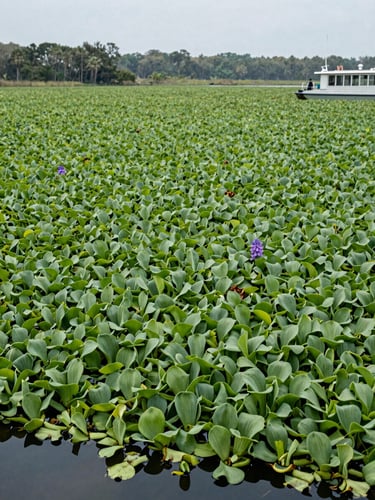 Wide environmental shot at water level looking across a Georgia pond choked with water hyacinth mats, treatment boat visible at the far right edge, overcast natural daylight, muted green and grey tones, documentary framing showing the full scale of the infestation
