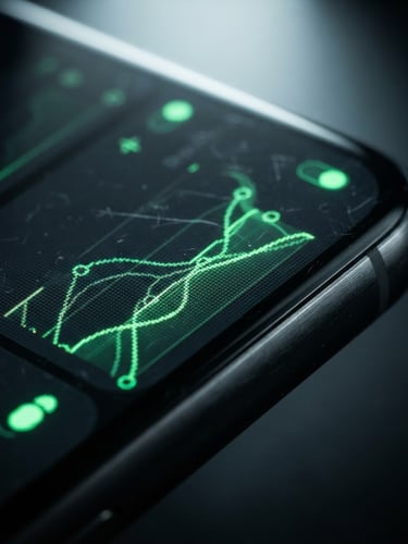Extreme macro shot of an Android smartphone screen displaying a clean, dark-mode system utility interface with neon green accents, fluid UI transitions, sharp focus on the screen edge, dramatic studio backlighting.