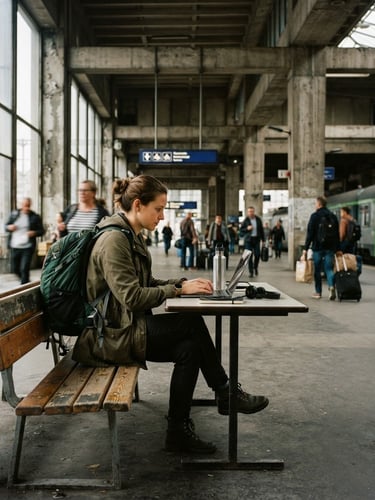 A solo traveler working on a laptop in a rugged, concrete transit hub, natural overcast daylight, earthy forest green tones, sharp 35mm film grain, wide environmental shot