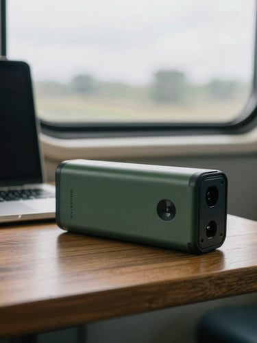 Tight macro shot of a rugged power bank resting on a wooden train table next to a laptop, moody overcast transit light through the window.