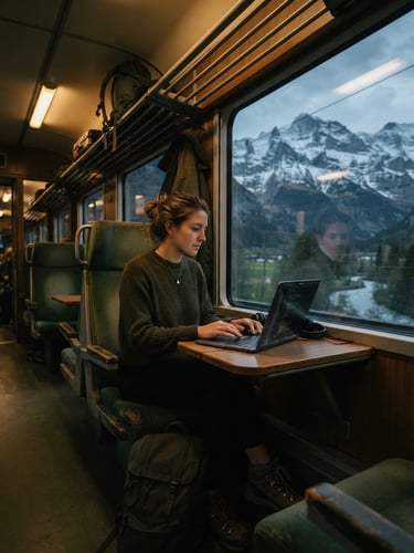 Wide environmental shot of a solo traveler working on a laptop inside a moody train carriage at dusk, soft light reflecting off the window, cold mountain peaks visible outside.
