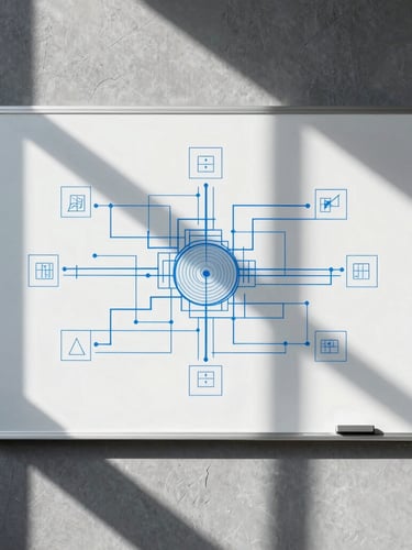 Straight-on architectural shot of a clean white board with sharp blue system diagrams, high-contrast directional window light, slate tones.