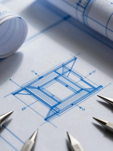 Macro overhead shot of a physical blueprint schematic with crisp electric-blue lines, architectural drafting tools, sharp geometric shadows