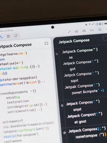 Macro shot of a physical Android screen showing structured Jetpack Compose code snippets side-by-side with the rendered UI, sharp focus on the syntax and interface elements.