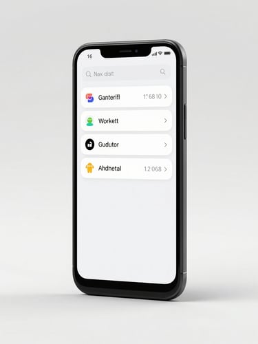 High-fidelity orthographic render of an Android device displaying a clean, high-contrast user interface, bright studio lighting.