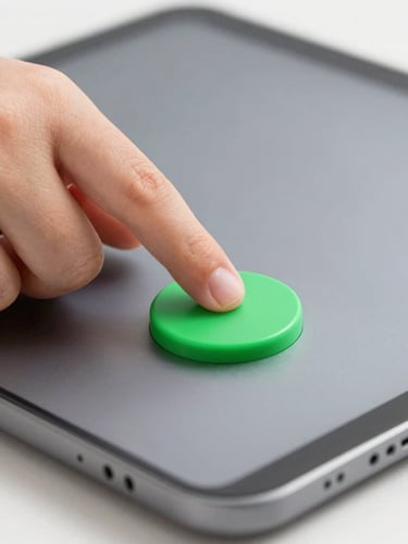 Close-up of a child's hand tapping a large, vibrant green button on a modern slate-gray Android tablet, bright studio lighting, shallow depth of field.