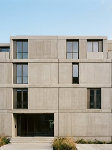 Minimalist modern architectural concrete building facade against a clear sky, clean lines, 35mm, soft daylight