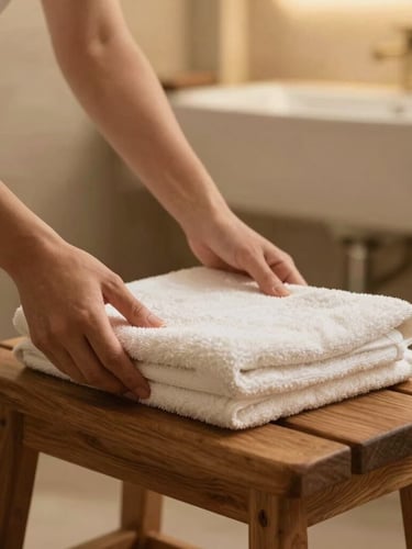 Close-up of hands placing a fresh linen towel on a wooden bench in a beautifully lit spa-like bathroom, shallow depth of field, warm earth tones, 35mm