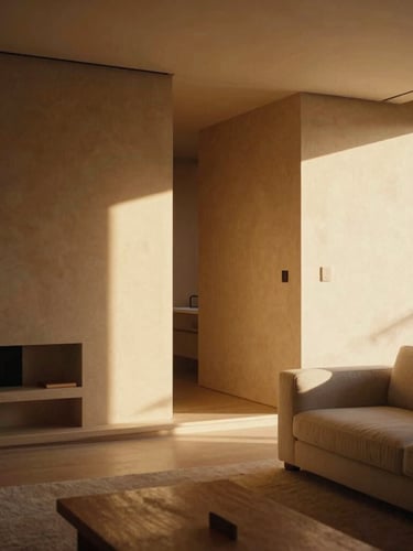 Sun-drenched modern architectural living room interior, warm sand-toned walls, minimalist furniture, golden-hour natural light casting soft shadows, 35mm photography
