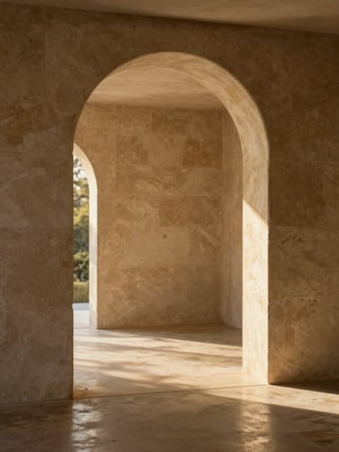 Sun-drenched property interior showing a minimalist stone archway, warm natural light casting soft shadows on a polished concrete floor, 35mm photography