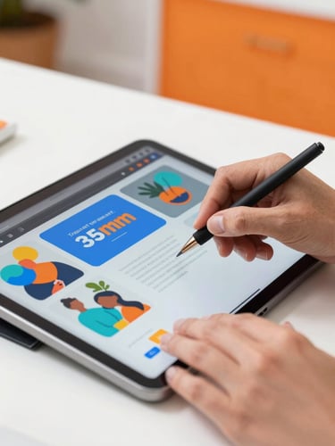 Close-up of a designer's hands meticulously refining a digital campaign mockup on a tablet, with a blurred modern workspace and vibrant orange accents in the background, bright studio lighting, 35mm.